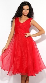 Красное шифованое платье Оскар де ла Рента